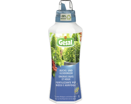 Gesal Buchs- und Ilexdünger, Flüssigdünger für sattes Blattgrün und dichten Wuchs, 1 Liter Flasche aus circa 100 Prozent Recyclat.