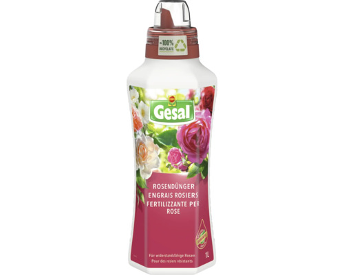 Gesal Rosendünger für widerstandsfähige Rosen in der ein Liter Flasche aus einhundert Prozent Recyclat.