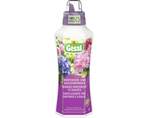 Gesal Hortensien- und Azaleendünger in der 1 Liter Flasche aus circa einhundert Prozent Recyclat mit Qualitätsgarantie.