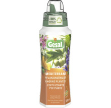 Engrais liquide Gesal Mediterrana pour plantes saines et vigoureuses, 500 millilitres, bouteille en environ 100 pour cent de recyclat. Gesal Logo.