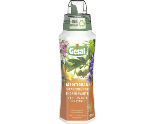 Gesal Mediterrana Flüssigdünger für gesunde und kräftige Pflanzen, 500 Milliliter, Flasche aus circa 100 Prozent Recyclat. Gesal Logo.