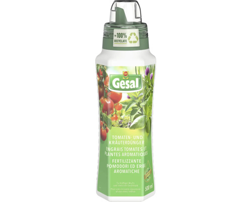 Gesal Tomaten- und Kräuterdünger 500 Milliliter Flasche aus 100 Prozent recyceltem Kunststoff mit Dosierkappe.