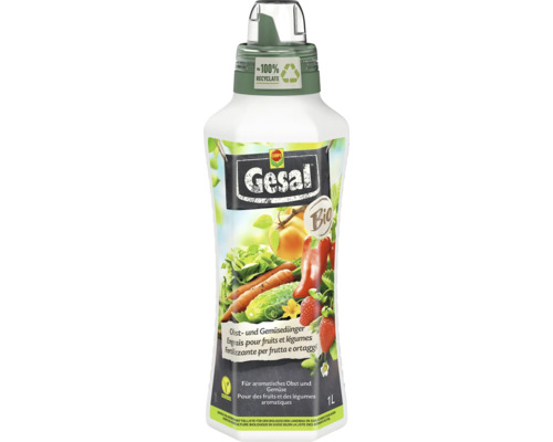 Gesal Bio Obst- und Gemüsedünger, vegan, Compo Logo, 1 Liter Flasche aus 100 Prozent Recyclat mit Dosierkappe für aromatisches Obst und Gemüse.