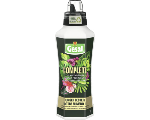 Gesal Complete Flüssigdünger für Pflanzen 1 Liter, Flasche aus circa 100 Prozent Recyclat, Gesal Logo.