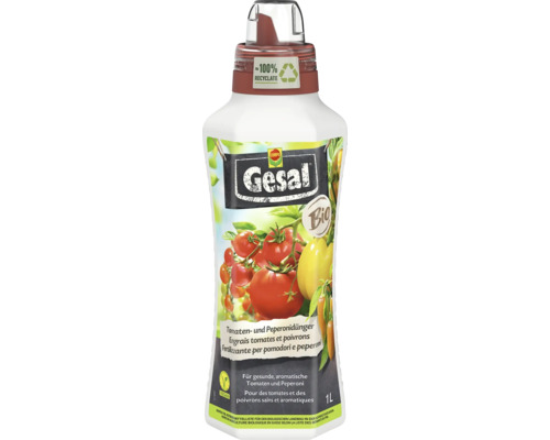 Gesal Bio Tomaten- und Peperonidünger, 1 Liter Flasche, vegan, Verpackung aus circa 100 Prozent Recyclat, Compo Logo, Gesal Logo.