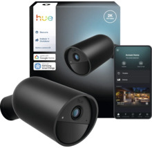 Caméra sur batterie Philips Hue Secure 2K pour intérieur et extérieur, noire, avec emballage et contrôle via application smartphone.