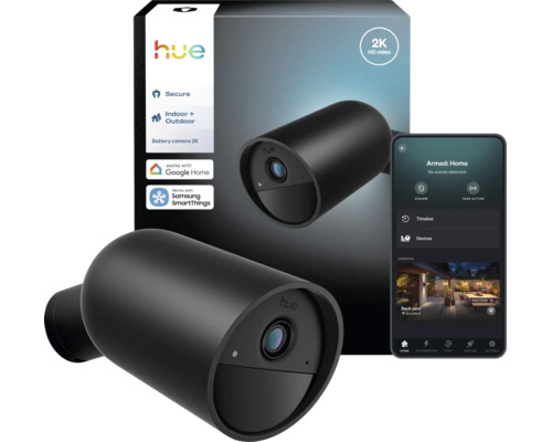 Caméra sur batterie Philips Hue Secure 2K pour intérieur et extérieur, noire, avec emballage et contrôle via application smartphone.