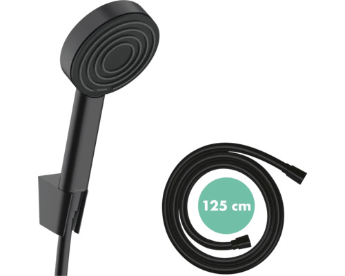 Ensemble de douchette noir avec support de douche et un flexible de douche de 125 centimètres.