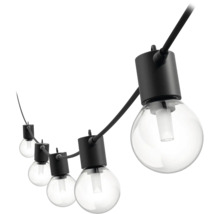 Guirlande lumineuse avec ampoules transparentes rondes et douilles noires pour éclairage extérieur.