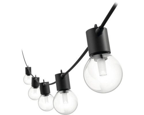 Guirlande lumineuse avec ampoules transparentes rondes et douilles noires pour éclairage extérieur.