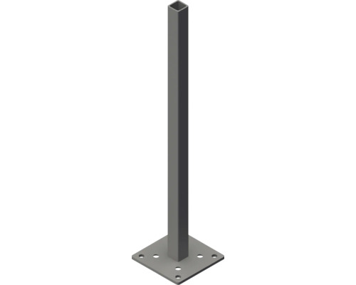 Poteau métallique carré avec platine de fixation et trous de montage.