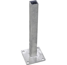 Support de poteau à visser en acier galvanisé à chaud pour poteaux carrés en bois avec platine et quatre trous de fixation.