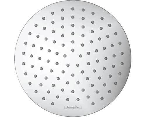 Rundes hansgrohe Kopfbrausen-Element mit zahlreichen Strahldüsen. hansgrohe Logo.