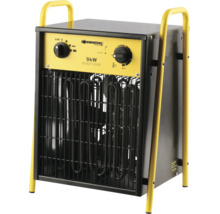 Sonnenkönig Elektro-Heizlüfter 9 Kilowatt aus Metall mit gelbem Bedienfeld, Tragegriffen und Drehreglern für Leistung und Thermostat.