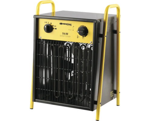 Sonnenkönig Elektro-Heizlüfter 9 Kilowatt aus Metall mit gelbem Bedienfeld, Tragegriffen und Drehreglern für Leistung und Thermostat.