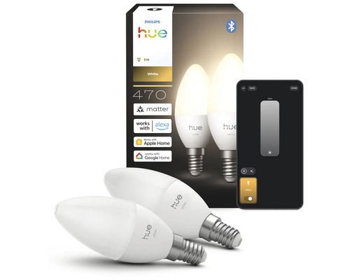 Deux ampoules LED Philips Hue White E14 en forme de bougie avec emballage et smartphone pour contrôle par application, 470 lumens.