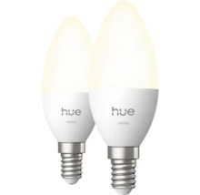 Lot de deux ampoules LED Philips Hue White E14 en forme de bougie, blanc chaud, à intensité variable.