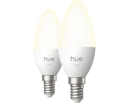 Lot de deux ampoules LED Philips Hue White E14 en forme de bougie, blanc chaud, à intensité variable.