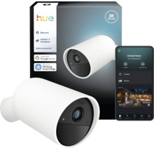 Caméra à batterie Philips Hue Secure intérieur et extérieur avec vidéo 2K High Definition, emballage Philips Hue Logo et application smartphone.