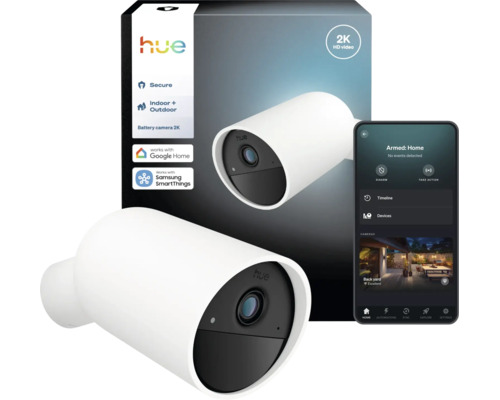 Caméra à batterie Philips Hue Secure intérieur et extérieur avec vidéo 2K High Definition, emballage Philips Hue Logo et application smartphone.