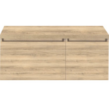 Unterschrank in Holzoptik mit zwei Türen und horizontalen Griffmulden.
