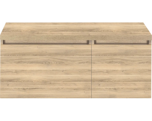 Unterschrank in Holzoptik mit zwei Türen und horizontalen Griffmulden.