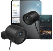 Caméra de surveillance filaire Philips Hue Secure 2K pour intérieur et extérieur avec emballage et application sur smartphone.