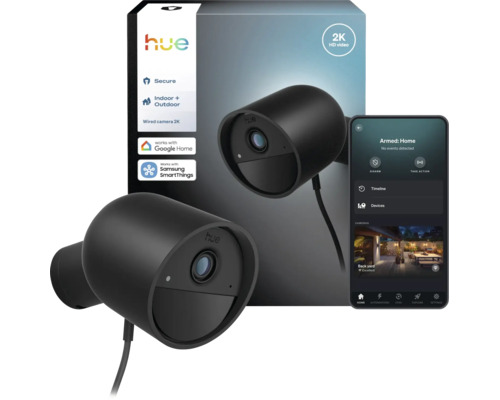Caméra de surveillance filaire Philips Hue Secure 2K pour intérieur et extérieur avec emballage et application sur smartphone.