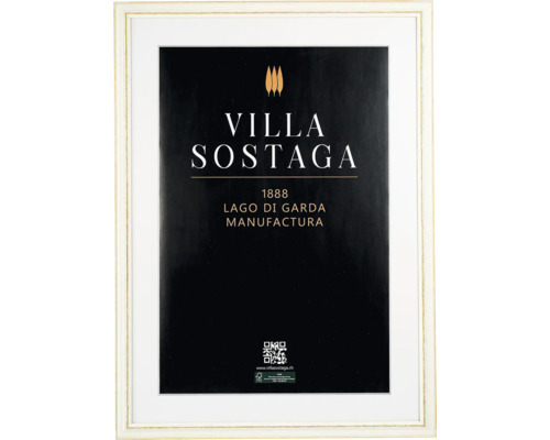 Bilderrahmen mit Villa Sostaga Lago di Garda Motiv und Forest Stewardship Council Zertifikat.