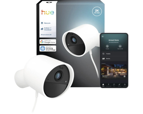 Caméra filaire Philips Hue Secure 2K intérieur et extérieur avec emballage et application. Compatible Google Home et Samsung SmartThings.