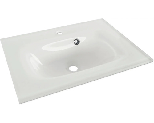 Lavabo rectangulaire en céramique blanche avec trou pour robinetterie et trop-plein.