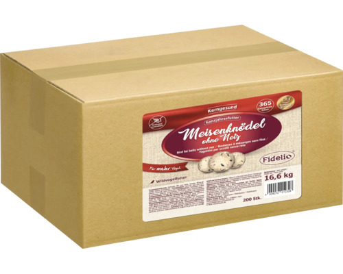 Karton mit 200 Stück Fidelio Meisenknödel ohne Netz für Wildvögel, Ganzjahresfutter, Gewicht 16,6 Kilogramm.