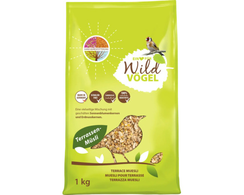 Muesli pour terrasse pour oiseaux sauvages, 1 kilogramme, nourriture pour toute l année, sans coques, ambroisie contrôlée, ingrédients naturels.