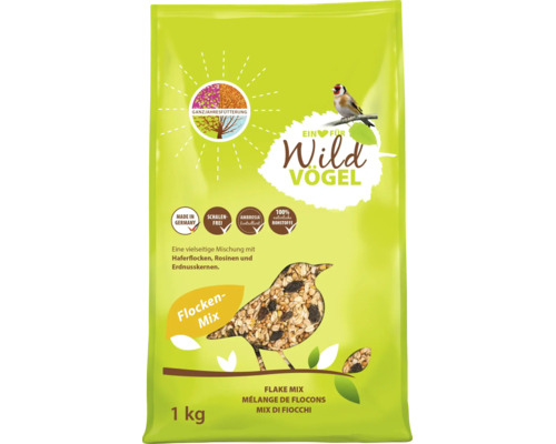 Nourriture pour oiseaux sauvages mélange de flocons, 1 kilogramme, sans coques, alimentation toute l'année, avec flocons d'avoine et raisins.