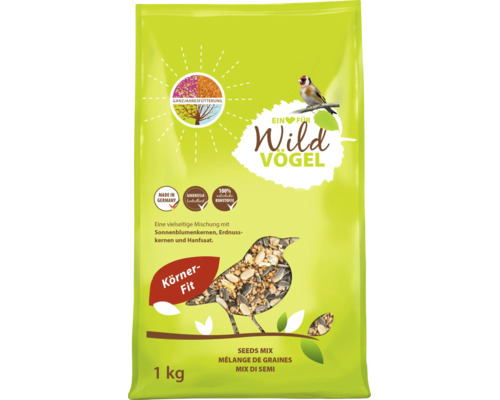 Mélange graines oiseaux sauvages Körner-Fit 1 kilogramme, tournesol, cacahuètes, chènevis, toute l'année, sans ambroisie, fabriqué en Allemagne.