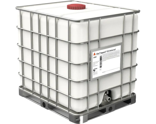 Agent de démoulage Sika Separol-33 Universal en conteneur IBC de 1000 litres avec cage métallique et palette en plastique.
