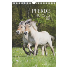 Wandkalender 2027 mit dem Titel Pferde Horses, zeigt zwei Pferde auf einer Blumenwiese vor einem Wald, ALPHAEDITION Logo.