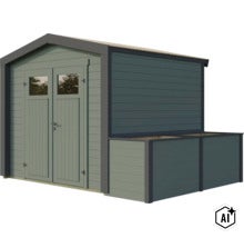 Abri de jardin en bois avec double porte et rangement pour bois de chauffage attenant (Image AI modified or generated)