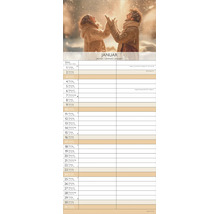 Monatskalender für Januar mit winterlichem Motiv eines Paares im Schnee und übersichtlichem Kalendarium mit Platz für Notizen.