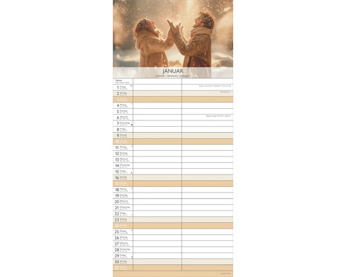 Monatskalender für Januar mit winterlichem Motiv eines Paares im Schnee und übersichtlichem Kalendarium mit Platz für Notizen.