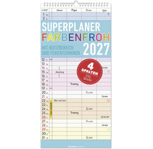 Familienkalender 2027 mit vier Spalten für Notizen und Ferientermine in extra breiter Ausführung.