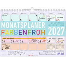 Bunter Monatsplaner 2027 mit Notizbereich und Ferienterminen für den Monat Mai. ALPHAEDITION Logo.