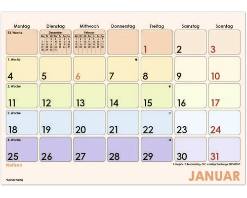 Kalenderblatt für Januar mit Wochentagen von Montag bis Sonntag, Anzeige der Kalenderwochen, kleinen Monatsübersichten und Platz für Notizen.