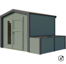 Abri de jardin en bois avec salon attenant intégré et porte double avec insert en verre. (Image AI modified or generated)