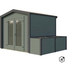 Abri de jardin moderne en bois avec double porte, fenêtres à lamelles et annexe latérale intégrée avec bac à plantes. (Image AI modified or generated)