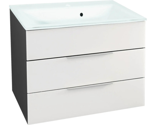 Meuble sous-vasque avec trois tiroirs et lavabo intégré.
