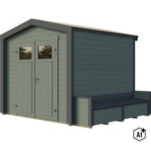 Abri de jardin en bois avec doubles portes et banc intégré, design moderne pour le rangement des outils de jardin. (Image AI modified or generated)