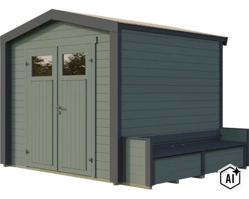 Abri de jardin en bois avec doubles portes et banc intégré, design moderne pour le rangement des outils de jardin. (Image AI modified or generated)