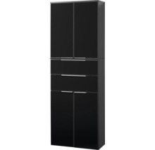 Armoire de rangement noire brillante avec quatre portes, deux tiroirs et poignées argentées.