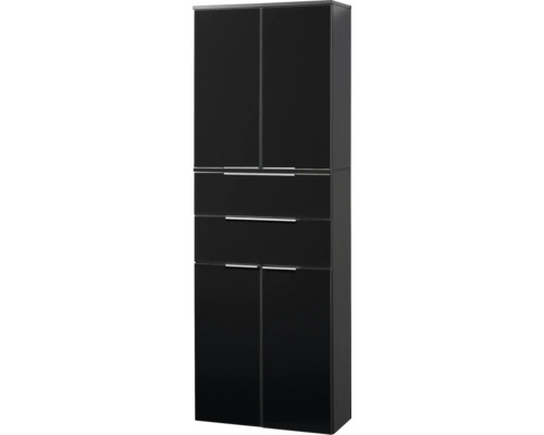 Armoire de rangement noire brillante avec quatre portes, deux tiroirs et poignées argentées.
